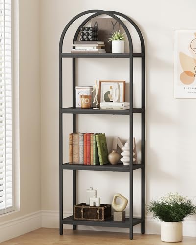 Yusong Bookshelf 4 Tier Arched Bookcase, 71.3" Tall Industrial Open Book Shelves for Living Room, Modern Freestanding Display Shelving Unit Storage Rack with Metal Frame, Office, Bedroom, Black - color: Black, size: 4 Tier Non-LED Arched