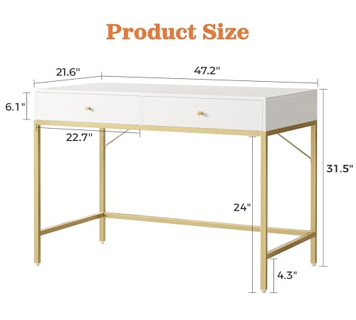 SUPERJARE White and Gold Vanity Desk with Drawers, 47 inch Computer Desk - color: White and Gold, size: 47 inch