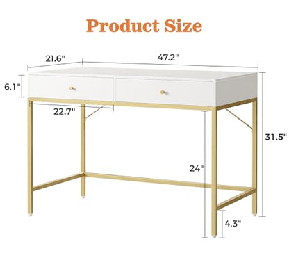 SUPERJARE White and Gold Vanity Desk with Drawers, 47 inch Computer Desk - color: White and Gold, size: 47 inch