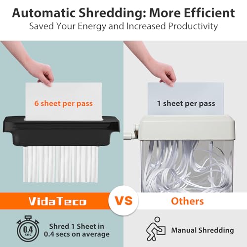 VidaTeco 6-Sheet Strip Cut Mini Paper Shredder for Home Use, Portable Small Document Shredder Without Basket, Shreds Staples, CD, Credit Card, Auto-Off, Anti-Jam, Overheat Protection, Extendable Arm