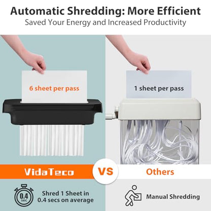 VidaTeco 6-Sheet Strip Cut Mini Paper Shredder for Home Use, Portable Small Document Shredder Without Basket, Shreds Staples, CD, Credit Card, Auto-Off, Anti-Jam, Overheat Protection, Extendable Arm