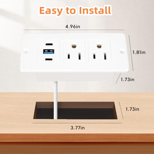 Recessed Power Strip, 20W USB-C Furniture Outlet, White, 6FT | 2 AC + 3 USB (2 USB-C, 1 USB-A), Flush Mount, Space-Saving, Easy Install, For Desk, Bedside, Drawer, Conference Table - color: White, size: 6 FT