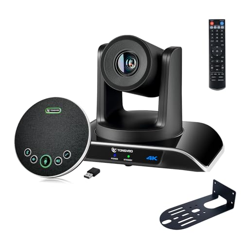 TONGVEO 4K PTZ Conference Room Camera System AI Auto-Tracking 20x Zoom 4K PTZ Camera USB3.0 HDMI LAN outputs and Bluetooth Speakerphone with Microphone for Large Remote Meeting - color: Black