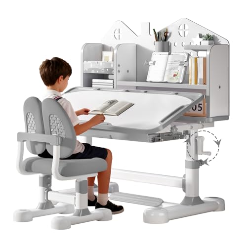 Kids Desk and Chair Set- 3-12 Height Adjustable Ergonomic Art Desk | School Study Desk, 50° Tiltable Desktop, Easy-Turn Crank, Storage Drawer & Built-in Bookstand for Children Boys & Girls - color: 015-grey-31.5in