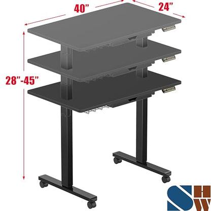 SHW Mobile Electric Height Adjustable Standing Desk w/Drawer, Black | 40" Wide Top | w/ Memory Presets and Cable Management | Drawer with adjustable compartments | Hanging Hooks - color: Black