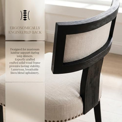 HNY Mid Century Modern Dining Chairs Set of 2, Farmhouse Linen Fabric Upholstered Accent Chairs Curved Nailhead Trim Backrest Kitchen Chairs, with Black Hardwood Frame, Beige - color: Nailhead Beige