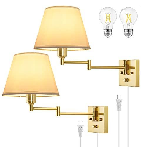 TRLIFE Wall Sconce Plug in, Brushed Brass Dimmable Wall Sconces Set of 2 Swing Arm Wall Lights with Plug in Cord and Dimmer On/Off Knob Switch, 9.4" Medium White Fabric Shade(2 LED Bulbs Included) - color: Gold, size: Medium