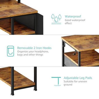 Lufeiya Gaming Desks with Led Lights and Power Outlets, 55 Inch Study Writing Computer Desk with Fabric File Drawers Cabinet for Bedroom, Home Office Desk with Shelves Monitor Stand, Rustic Brown