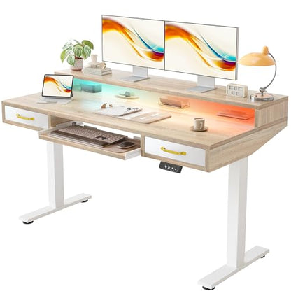 TIQLAB Standing Desk with Two Drawers, Stand Up Standing Desk Adjustable Height, Electric Sit Stand Table with Storage Shelf and Splice Board, with LED Light, 55 * 28 inch, Maple - color: Maple, size: 55*28 inch with keyboard tray