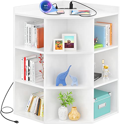 Aheaplus Corner Cabinet, Corner Storage with USB Ports and Outlets, White | Wooden Corners Cube Toy Storage for Small Space, 4-Tier Cubby Corner Bookshelf with 9 Cubes for Bedroom, Living Room, Office - color: White, size: 4-Tier