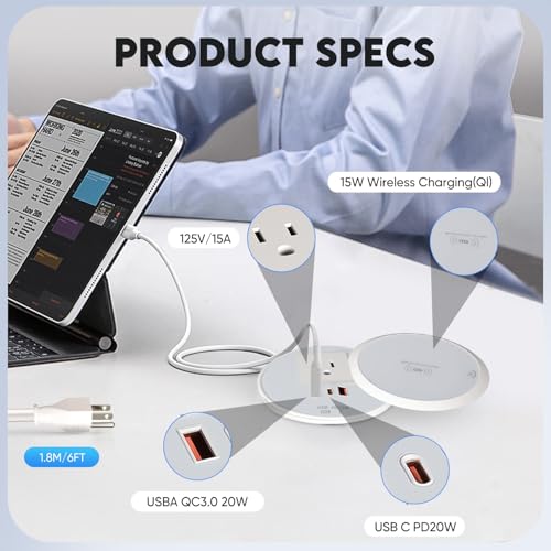 Desk Power Strip with 15W Wireless Charger, PD 20W USB-A, QC 3.0 USB-C Fast Charging Embedded Power Outlet, Recessed Power Outlet with AC outlets and 6FT Cord - color: white
