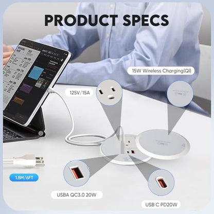 Desk Power Strip with 15W Wireless Charger, PD 20W USB-A, QC 3.0 USB-C Fast Charging Embedded Power Outlet, Recessed Power Outlet with AC outlets and 6FT Cord - color: white
