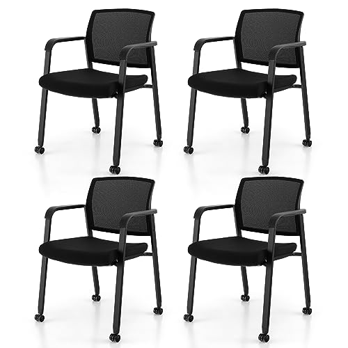 Giantex 4-Pack Waiting Room Chair Set, Rolling Office Desk Chairs with PU Wheels, Armrests, Stackable Guest Chair for Office, School, Lobby,Reception, Conference, Black - color: Black