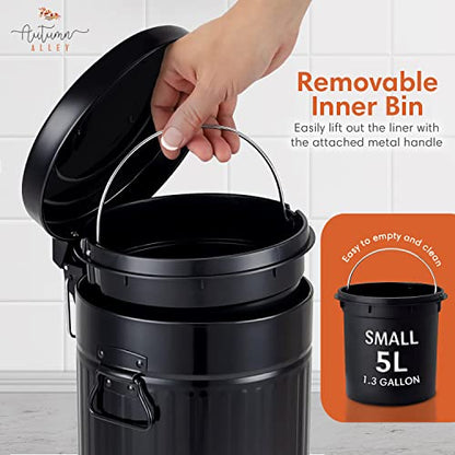 Autumn Alley Small Farmhouse Bathroom Trash Can, Pet Proof Matte Black Trash Can with Lid for Rustic Bathroom, Farmhouse Kitchen Step Waste Bin, Retro Metal Wastebasket 5L/1.3 Gal. - color: Black, style: 1 Pack (Trash Can Only)