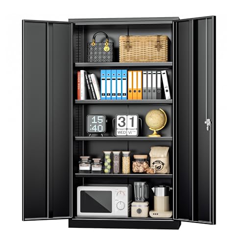 Black Metal Storage Cabinet Doors, 72" Locking Steel Storage Cabinet with Shelves, Tall Metal Cabinet Lockable Steel Cabinets for Home Office, Garage - color: Black, size: 72" High