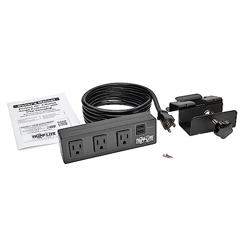 Tripp Lite 3 Outlet Surge Protector Power Strip with Desk Clamp, 10ft. Cord, 510 Joules, 2 USB Charging Ports, Black, $20K Insurance & Lifetime Manufacturer's Guarantee (TLP310USBC)
