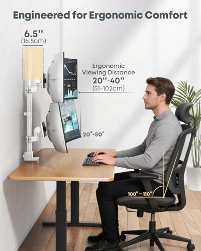 Dual Ultrawide Monitor Mount for 24-57'' Screens, Max Load 59.4 lbs per Arm | Vertically Stacked, Heavy Duty, Aluminum, Fully Adjustable, Topside Clamp/Grommet Mounting, VESA 75/100 mm, White - color: White