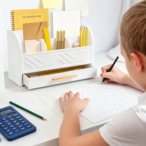 Charmewooden White Desktop Organizer with Drawer Storage, White Desk Organizer Mail Holder Mail Organizer Countertop Pen Holder Letter Sorter Make up Organizer for School Home Office Supplies - color: White