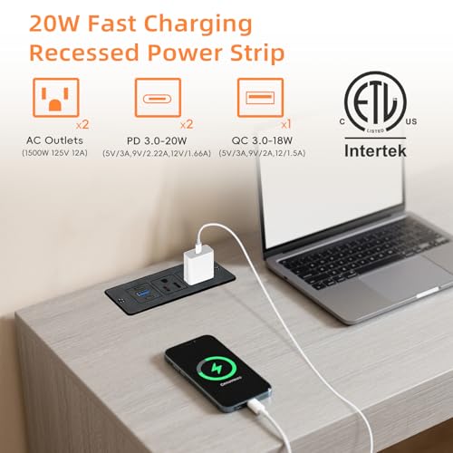 2Pack Recessed Power Strip, 20W USB-C Furniture Outlet, Black, 3FT | 2 AC + 3 USB (2 USB-C, 1 USB-A), Flush Mount, Space-Saving, Easy Install, For Desk, Bedside, Drawer, Conference Table - color: Black-2Pack, size: 3 FT