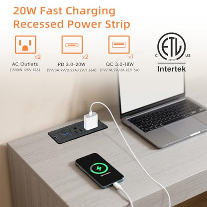 Recessed Power Strip, 20W USB-C Furniture Outlet, Black, 6FT | 2 AC + 3 USB (2 USB-C, 1 USB-A), Flush Mount, Space-Saving, Easy Install, For Desk, Bedside, Drawer, Conference Table - color: Black, size: 6 FT