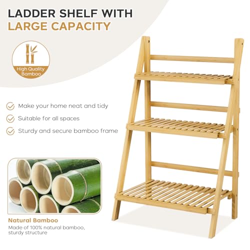 Foldable Ladder Shelf 39.4", Plant Shelf 3 Tier, Bamboo Ladder Bookshelf - color: 3-tier Natural