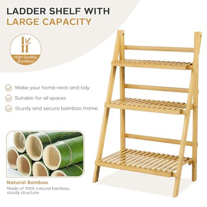Foldable Ladder Shelf 39.4", Plant Shelf 3 Tier, Bamboo Ladder Bookshelf - color: 3-tier Natural