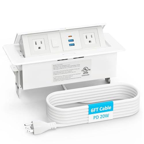 Recessed Power Strip with 2 AC, 2 USB-A, USB-C Ports, Pop Up Power Outlet with PD 20W USB C Fast Charger, Receptacle Outlet with Switch and 6FT Cord for Conference Office Countertop UL Listed,White - color: White