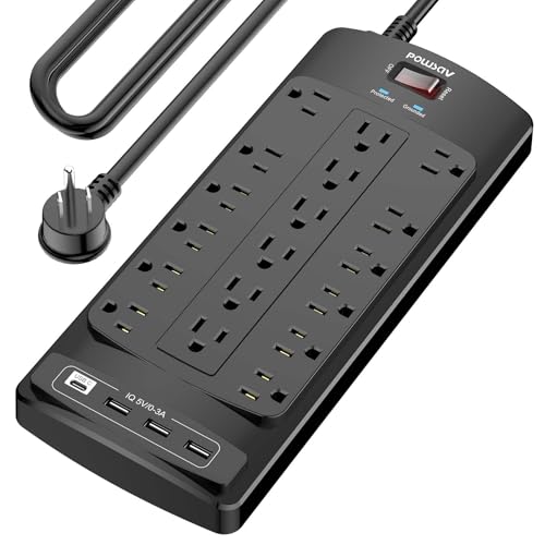 18 Outlets Surge Protector Power Strip - 15 Feet Flat Plug Heavy Duty Extension Cord with 18 Widely Outlets and 4 USB Ports, 2100 Joules, Black, ETL Listed - color: Black, size: 15 Ft