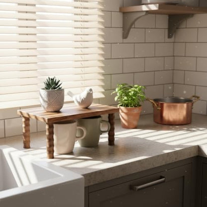 Kitchen Counter Shelf Wooden Cabinet and Desktop Counter Riser | Acacia Wood Small Coffee Station Organizer Countertop Display Stand Shelf for Top of Desk Home Office Bathroom
