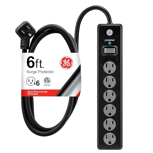 GE Surge Protector Power Strip, 6 Ft Extension Cord, 6 Outlet Extender | 800 Joules, Flat Plug, Wall Mount, Twist-to-Close Safety Covers, ETL Safety Listed, Black, 33661 - color: Black, size: 6 Ft, style: 1 Pack