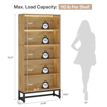 Tribesigns Tall Bookcase and Bookshelf, 70.8" Large Bookcases Organizer with LED Lights, Heavy Duty Free-Standing Library Bookshelf with 5-Tier Storage Shelves for Living Room, Bedroom (Brown) - color: Brown