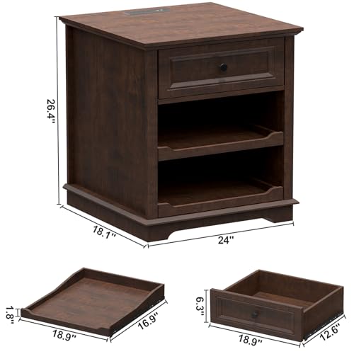 REDAYFUR Lateral File Cabinet 3 Drawer File Cabinet with Charging Station, Wood Lateral Filing Cabinet, Printer Stand with Open Adjustable Storage Shelves for Home Office, Cherry - color: Cherry