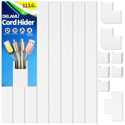 Delamu Cord Hider for Wall Mounted TV, 113.6in Paintable Cable Cover System, Self-Adhesive Cable Management Raceway Kit Hides 3-4 Wires, Baseboard Wire Hider Easy Installation, W 1.18 H 0.60in, White - size: 113.6 in L X 1.18 in W X 0.60 in H