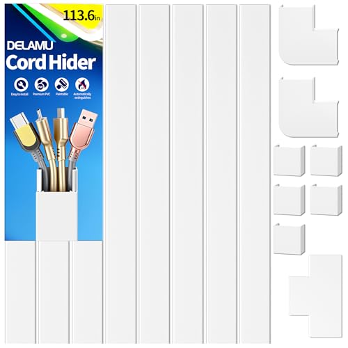 Delamu Cord Hider for Wall Mounted TV, 113.6in Paintable Cable Cover System, Self-Adhesive Cable Management Raceway Kit Hides 3-4 Wires, Baseboard Wire Hider Easy Installation, W 1.18 H 0.60in, White - size: 113.6 in L X 1.18 in W X 0.60 in H