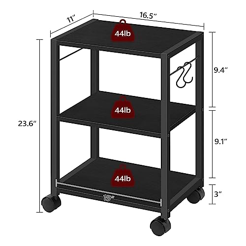 MAHANCRIS Printer Stand, 3-Tier Under Desk Rolling Cart with Storage Shelf, Heavy Duty Printer Table with Wheels for Home Office, Printer Shelf with 2 Hooks, for Small Spaces, Black PTHB4001V - color: Black