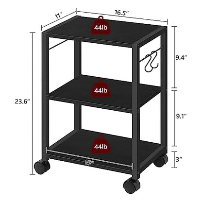 MAHANCRIS Printer Stand, 3-Tier Under Desk Rolling Cart with Storage Shelf, Heavy Duty Printer Table with Wheels for Home Office, Printer Shelf with 2 Hooks, for Small Spaces, Black PTHB4001V - color: Black