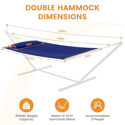 Lazy Daze Double Quilted Hammock with Pillow for Outside, Fit 13-15Ft Stand - color: Navy Blue