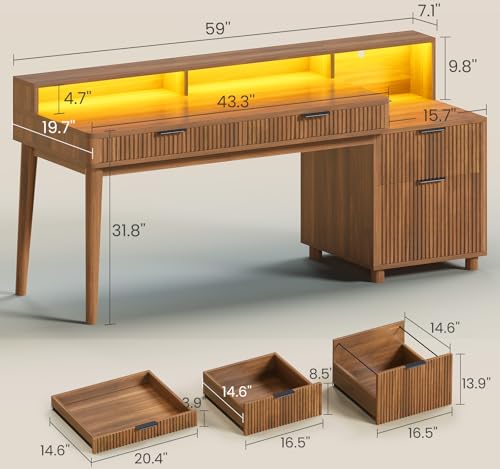 SEDETA Modern Office Desk with 4 Drawers, 59" Fluted Gaming Computer Desk with Storage, LED Lights and Power Strip, Wood Writing Desk Study Table for Home Office, Living Room, Bedroom, Brown - color: Brown