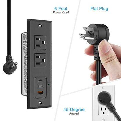 CCCEI Recessed Power Strip with Two USB-C Ports, Fast Charging USB A Port Desk Outlet, Black Furniture Hidden Charging Station for Side Table, End Table, with 6 FT 45 Degree Flat Plug Extension Cord. - size: 6FT, style: 20W USB-C