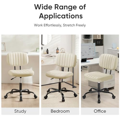 DUMOS Armless Home Office Chair: Small Desk Chair with Low Back Lumbar Support, Height Adjustable PU Leather Computer Task with 360° Swivel Wheels, for Adults, Beige - color: Beige