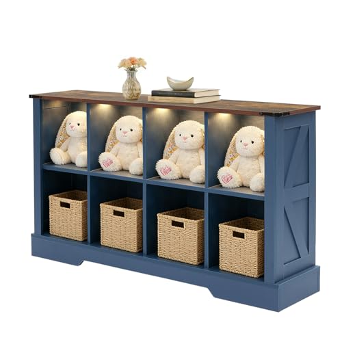 8 Cube Storage Organizer with LED Lights, Wooden Cube Bookcase with Back Panel, Blue Cube Shelf Freestanding Bookshelf, Hallway TV Stand for Living Room, Bedroom, Office - color: Blue, size: 8-cube