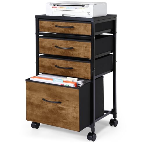 Chunful 4 Drawer Rolling File Cabinet Mobile Printer Stand Metal Cart with Fabric Vertical Filing Chest Wheels A4 Letter Size Under Desk Utility Craft Storage Organizer for Home Office School(Brown) - color: Brown