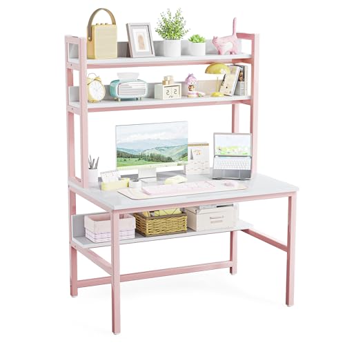 Aquzee Pink Desk with Shelves, Computer Desk with Hutch, 47 Inch - color: Pink, size: 47inch
