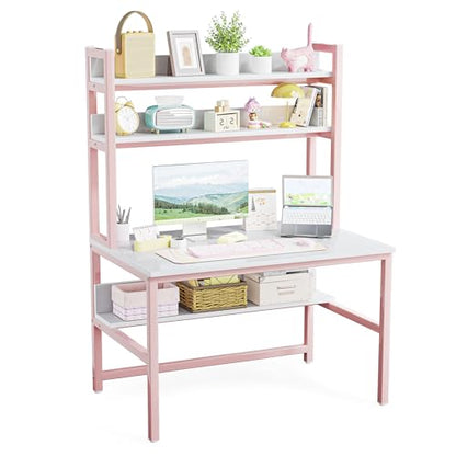 Aquzee Pink Desk with Shelves, Computer Desk with Hutch, 47 Inch - color: Pink, size: 47inch