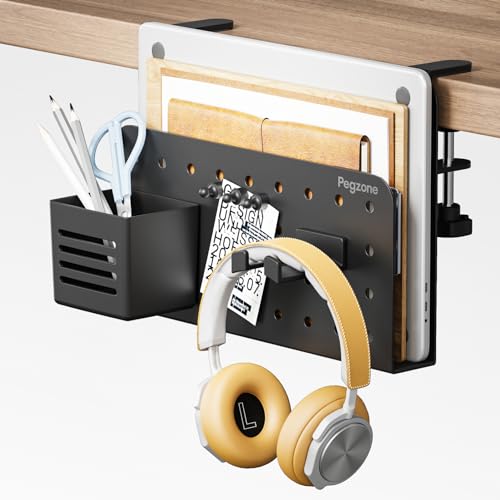PEGZONE Desk Side Storage Organizer, Fits Flat Edge 0.4" to 2.2", Black | No Drill Under Desk Laptop Holder, Clamp on Desks Shelf with Pegboard Accessories, Hanging Laptop Mount - color: Black