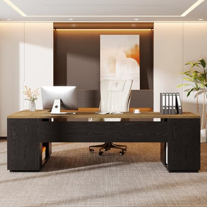 Tribesigns 85.8-Inch L-Shaped Executive Desk, Extra Large Home Office Desk - color: Light Brown & Black
