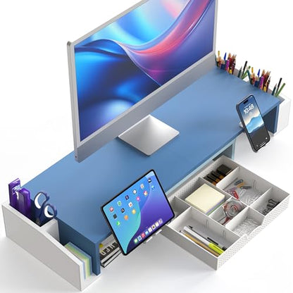 Simple Houseware Desk Dual Monitor Stand Riser with Drawer, Blue - color: Blue