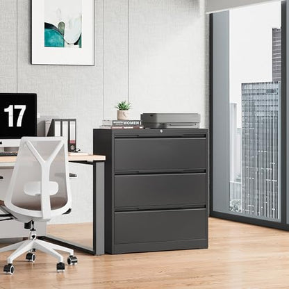 Bestoo 3 Drawer File Cabinet, Metal Lateral Filing Cabinet with Lock - color: Black, size: 3 Drawer 15.7"D x 35.4"W x 40"H