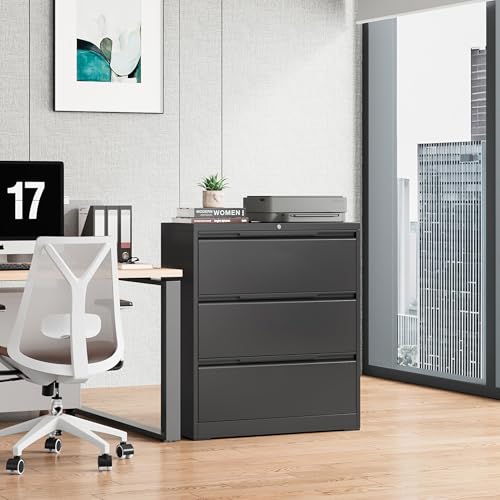 Bestoo 3 Drawer File Cabinet, Metal Lateral Filing Cabinet with Lock - color: Black, size: 3 Drawer 15.7"D x 35.4"W x 40"H