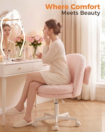 GTPLAYER Velvet Tall Office Chair with Wheels Vanity Chairs with Back, Versatile Height Use: Office to Bar Stools Small Ergonomic Comfy Armlees Computer Desk Chair with Bow Lumbar Pillow for Gift - color: Tv-pink